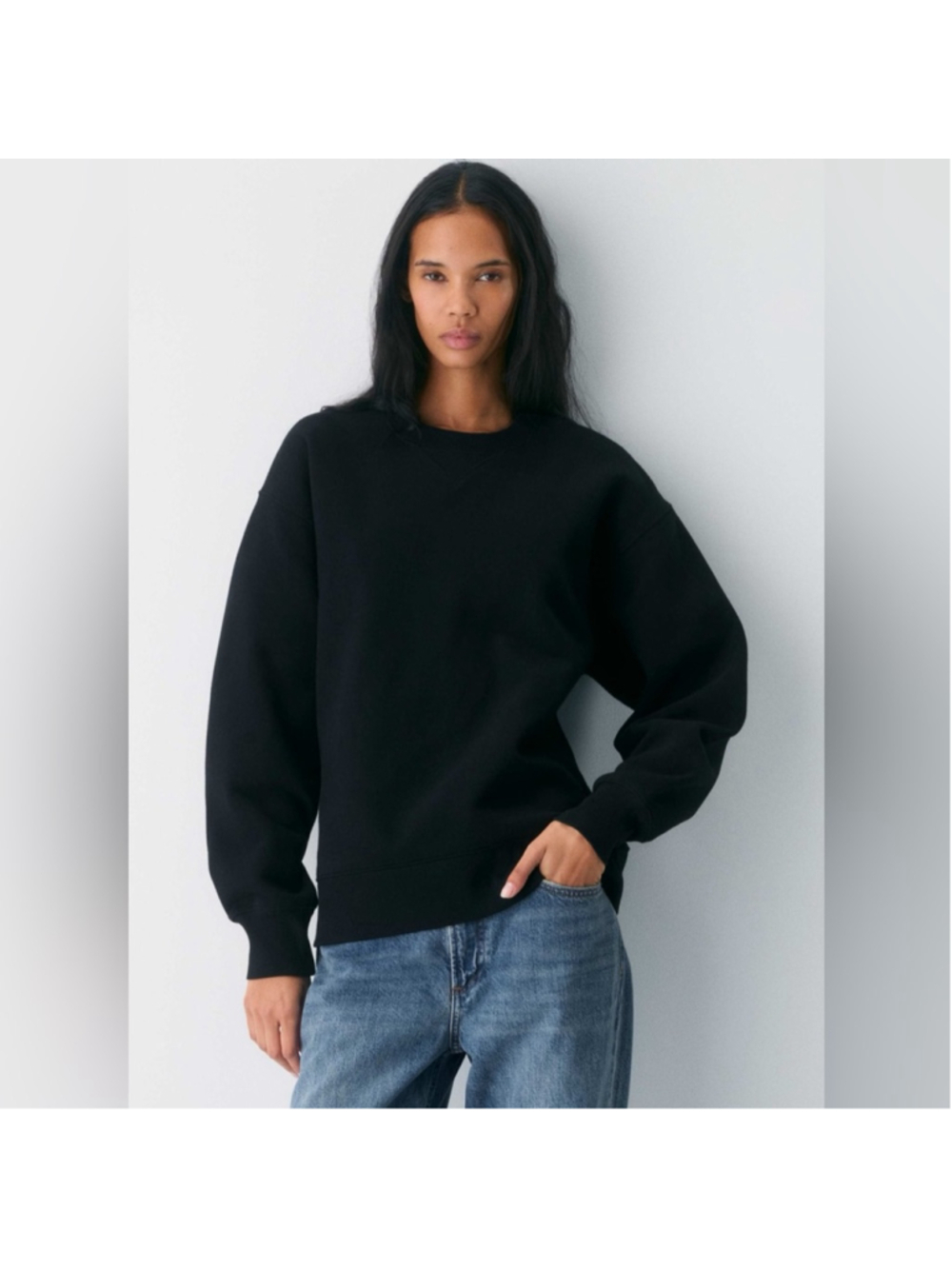 TNA Cozy Fleece Boyfriend Classic Black Crew Neck Sweater